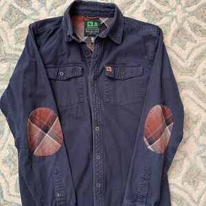 Men's Casual Navy Shirt with Plaid Elbow Patches